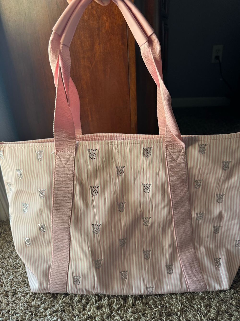 Victoria's Secret Pink Striped Tote with bling rhinestone VS NWOT overnight bag